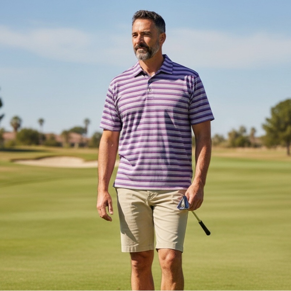 Peter Millar Men’s Summer Comfort Golf Polo Shirt Purple/Blue Striped S-XL EUC